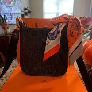 Hermes Evelyn Navy Crossbody with Hermes silk scarf